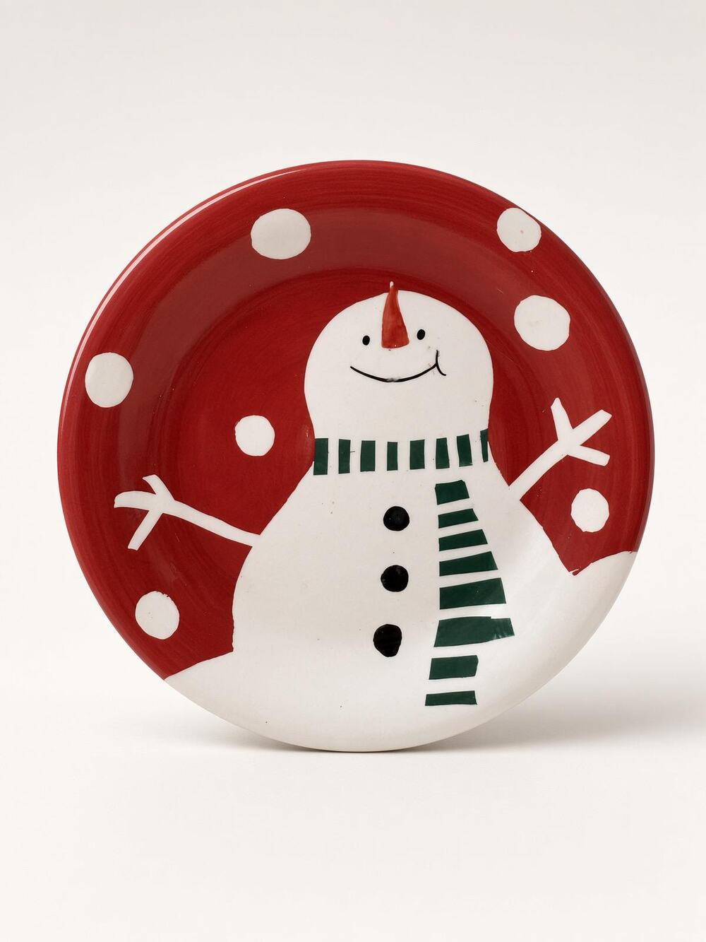 Red Snowman Salad Plate, Vintage Polka Dot Dish, Green Scarf Holiday Ware